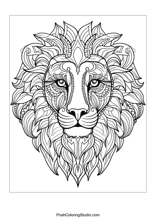 A lion's face adorned with unique mandala designs.