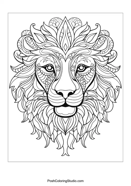 A lion's face with intricate details and floral accents.