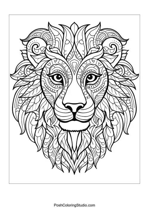 A lion's face surrounded by detailed floral and geometric patterns.