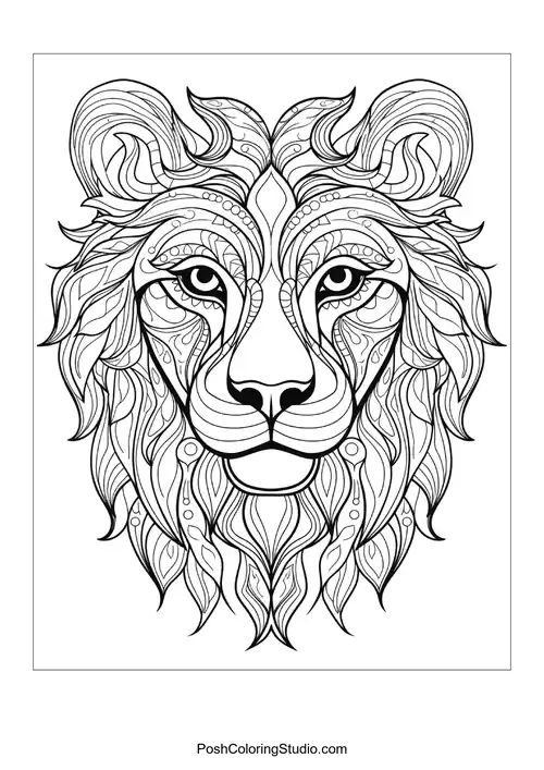 A lion's face with ornate patterns and textures.