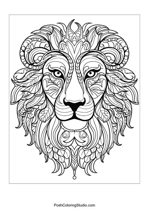 A lion's face with elaborate designs and flowing lines.
