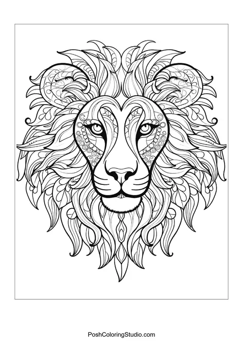A lion's head with ornate patterns and a majestic mane.