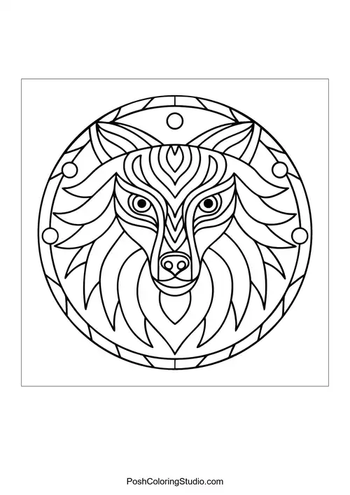 Wolf head with intricate mandala patterns and textures.