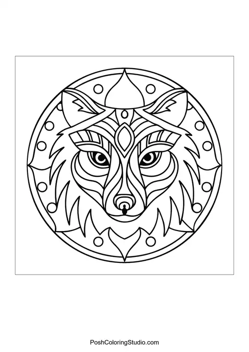 Wolf face with layered patterns and decorative elements.