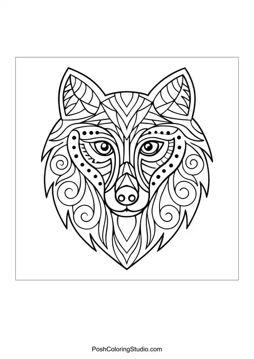 Wolf head surrounded by a decorative circular frame.