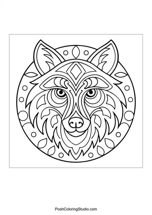 Intricate wolf face with swirling lines and shapes.