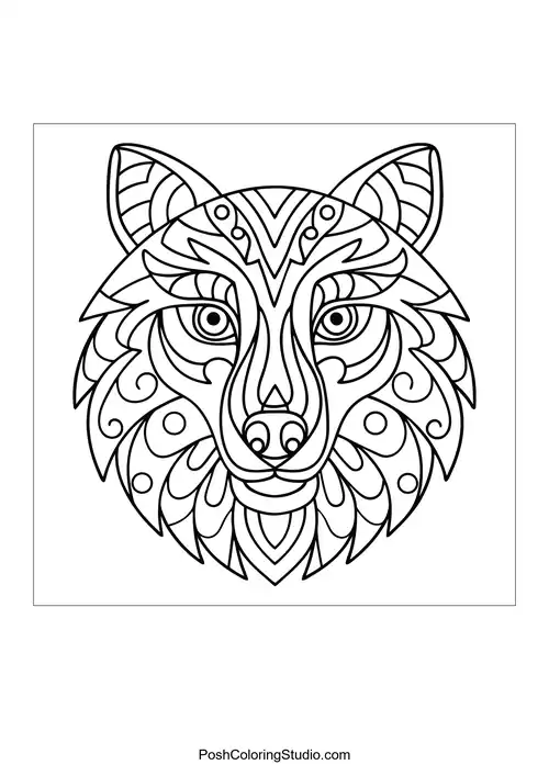 Wolf head with geometric patterns and floral details.