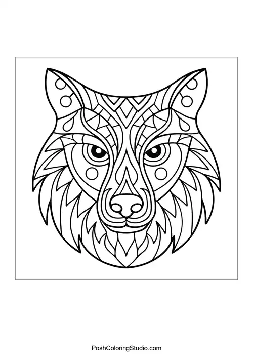 Stylized wolf face with bold outlines and intricate designs.