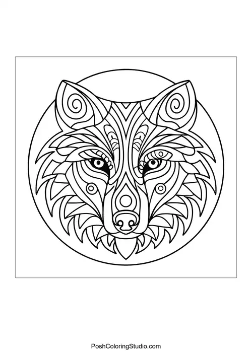 Wolf head with circular mandala patterns and textures.