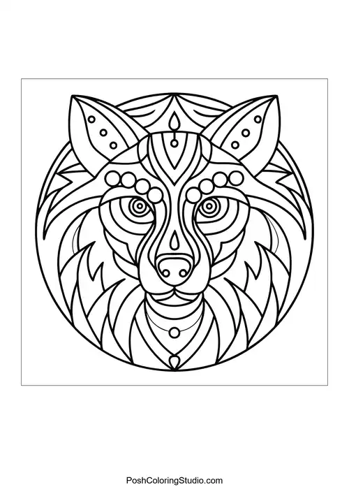 Wolf face with layered designs and intricate details.