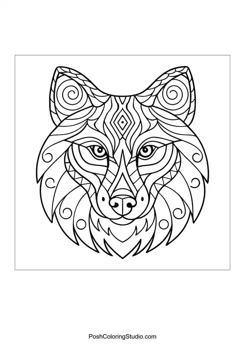 Wolf head surrounded by a decorative mandala border.
