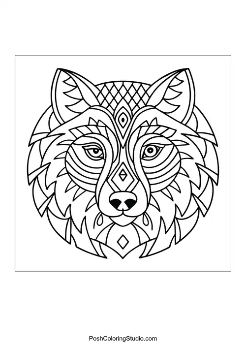 Intricate wolf face with floral and geometric patterns.