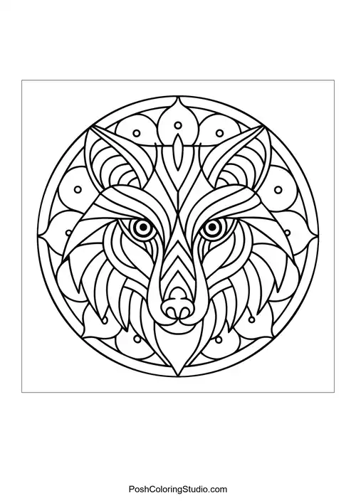 Stylized wolf face with intricate mandala designs.