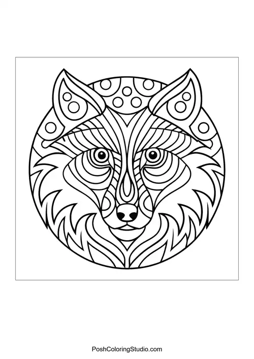 Wolf head surrounded by circular patterns and details.