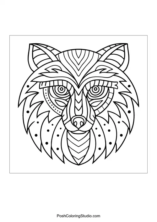 Wolf face with bold outlines and intricate textures.