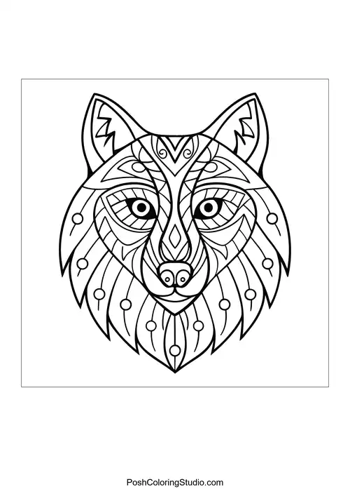 Wolf head with floral motifs and swirling designs.