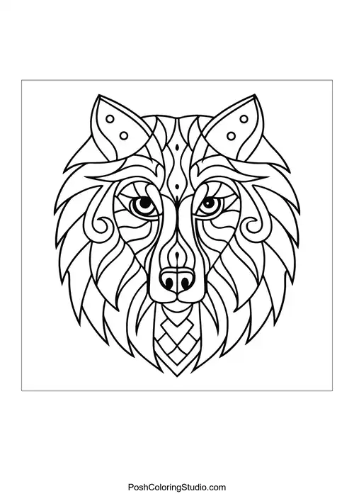 Stylized wolf face featuring flowing fur patterns.