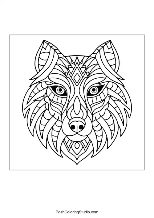 Wolf head with geometric shapes and intricate lines.