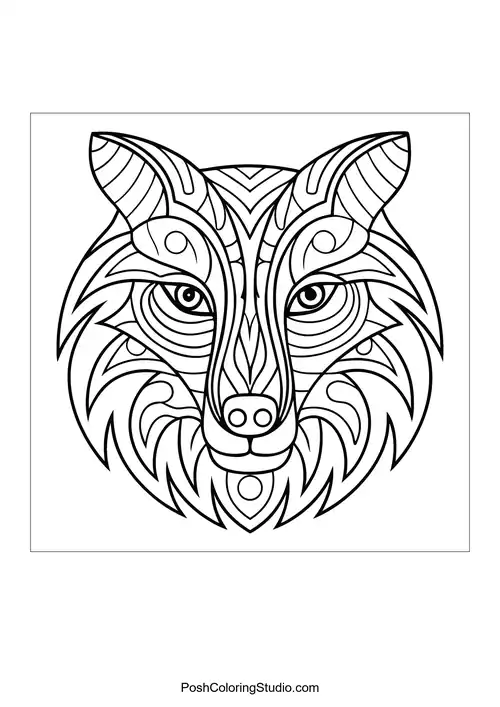 Wolf face with swirling patterns and bold outlines.