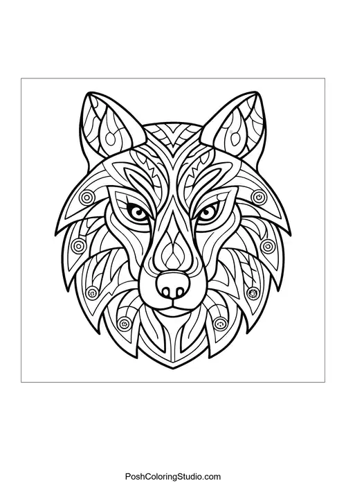 Wolf head surrounded by a circular mandala design.