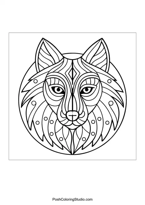 Intricate wolf face with decorative elements and patterns.