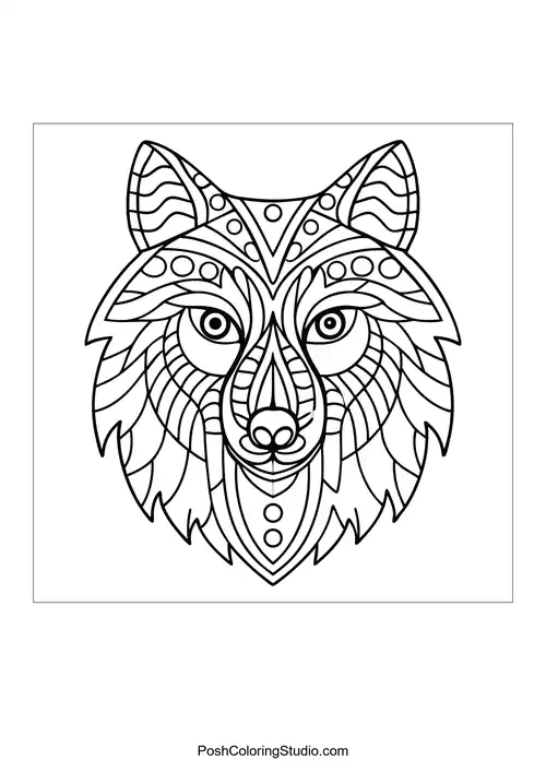 Wolf head featuring floral motifs and geometric designs.