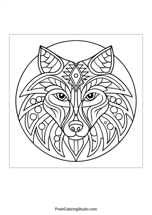 Stylized wolf face with circular patterns and details.