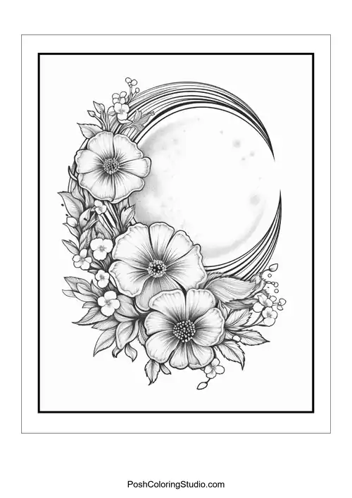 A floral arrangement with a crescent moon and decorative elements.