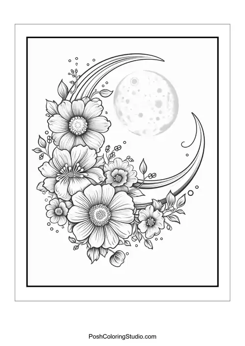 A floral arrangement with a crescent moon and decorative elements.