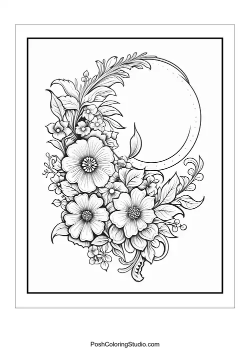 A floral arrangement with a crescent moon and decorative elements.