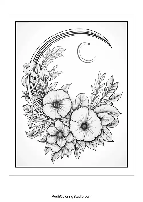 A floral design featuring a crescent moon and various flowers.