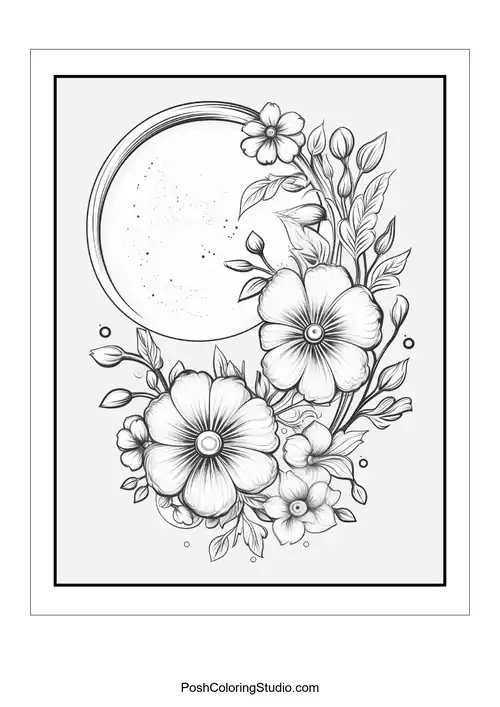 A floral arrangement with a circular moon and various flowers.