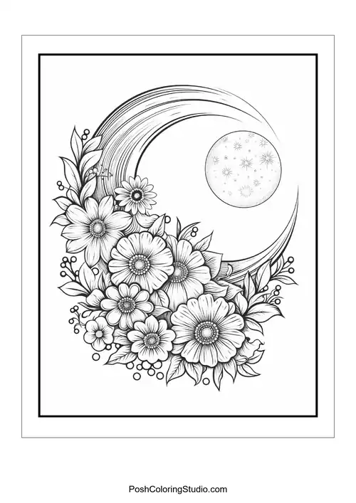 A floral arrangement with a crescent moon and decorative elements.