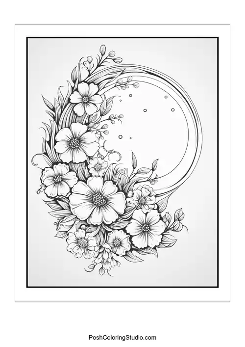 A circular floral design surrounding a blank moon space.
