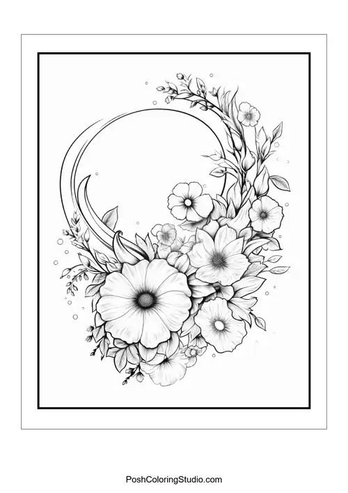 A floral design featuring large blooms surrounding a crescent moon.