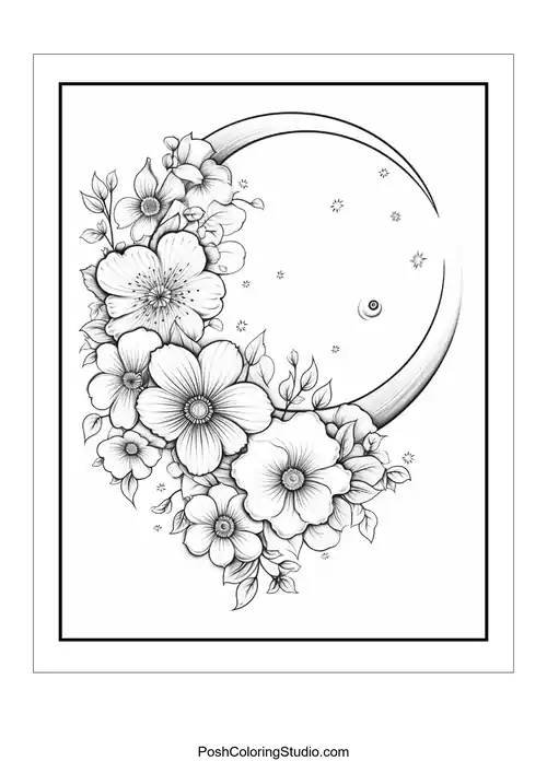 A crescent moon with flowers and a small planet in the design.