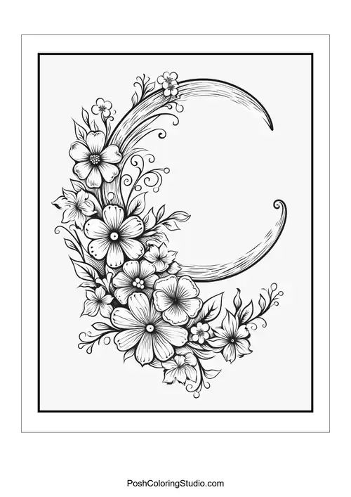 A profile of a woman surrounded by flowers and a crescent moon.