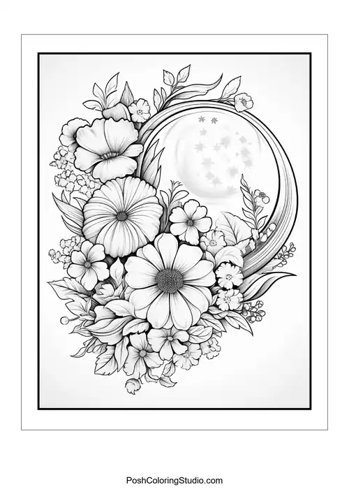 A profile of a woman with flowers and a crescent moon.