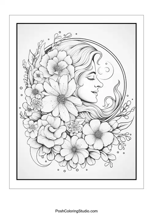 A crescent moon with flowers and a small planet in the design.