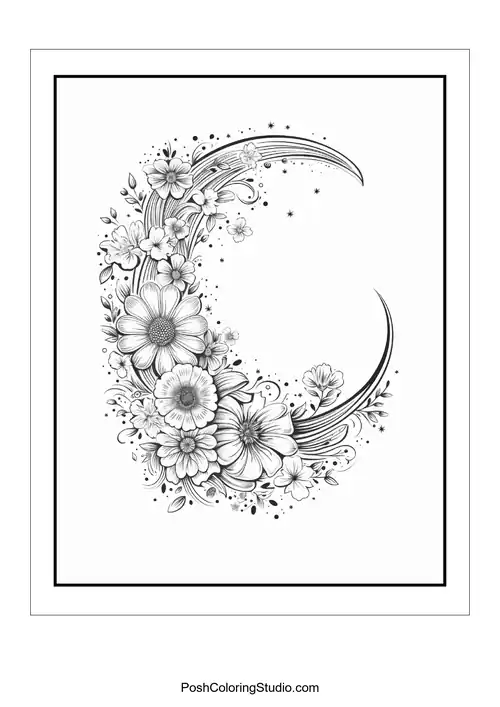 A floral design with a crescent moon and a variety of blooms.