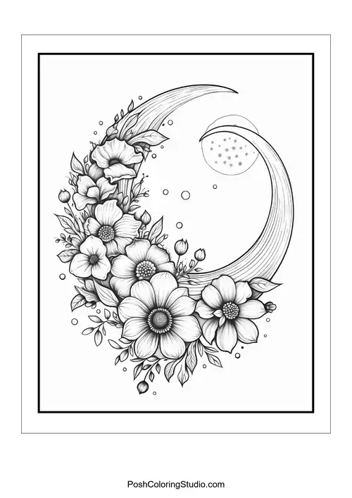 A profile of a woman surrounded by flowers and a crescent moon.