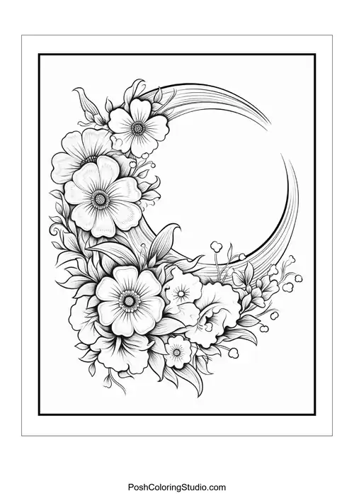 A floral design featuring a crescent moon and various flowers.
