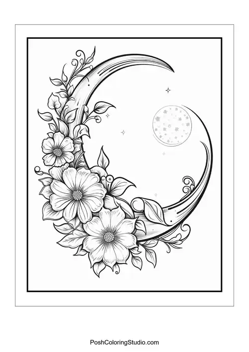A floral design featuring a crescent moon and stars.