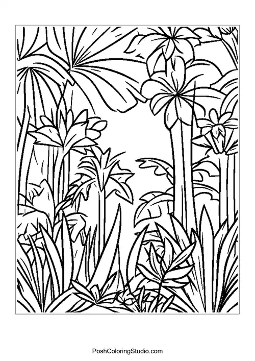 A vibrant jungle scene with various flowers and tall trees.