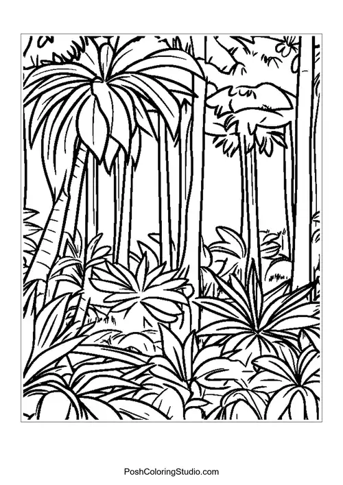 A jungle path surrounded by tall plants and trees.