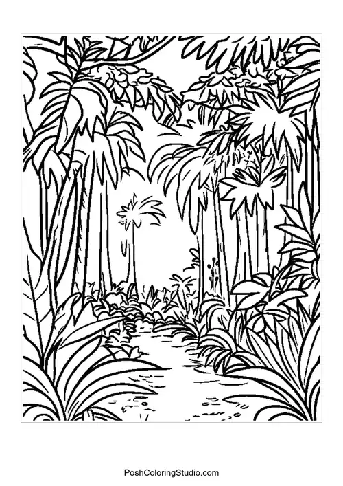 A serene jungle scene with a clear path and lush greenery.