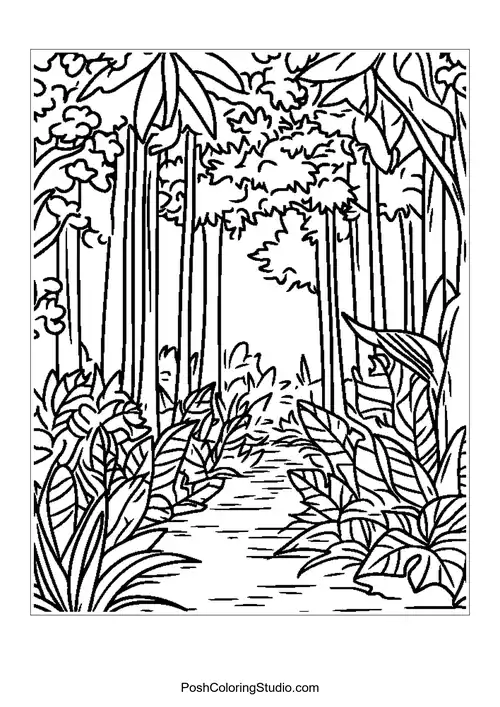 A river flowing through a dense rainforest with palm trees.