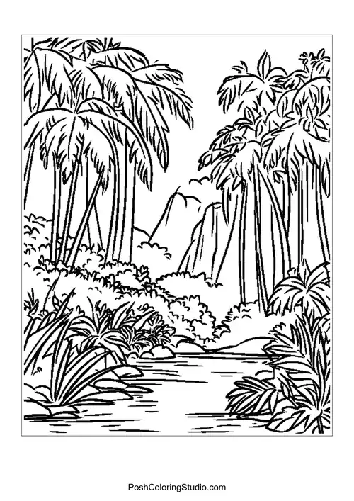 A tranquil rainforest scene with a river and lush plants.