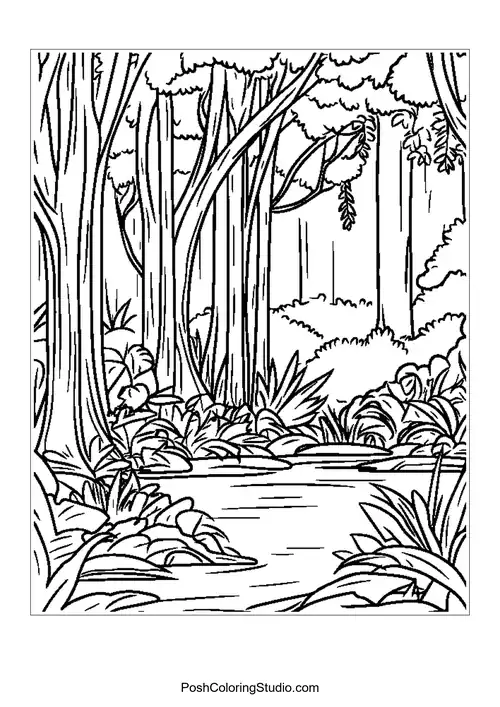 A jungle scene with tall trees and a variety of plants.