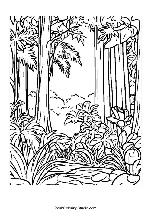 A close-up of tropical plants with intricate leaf patterns.